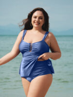 Blue Ruched Cutout Plus Size Tankini Top - Image 4