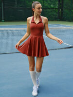 Dark Red Collar Backless Tennis Dress - Light Support - Image 8