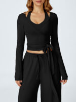 Black Long Sleeve Strappy Yoga Wrap Jacket - Image 5