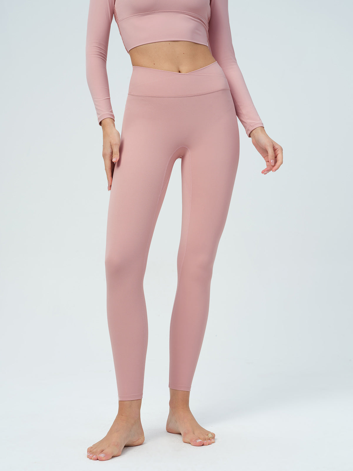 women-knitted-nylon-yoga-leggings-sustainable-yoga_bottoms-yjbhbz Pink V-Waist Leggings 24" - Image 1