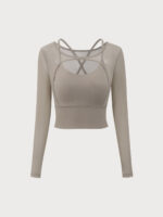 Khaki Cut Out Long Sleeve Top--Light Support - Image 6