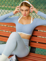 Light Blue Contrast Trim Ruched Long Sleeve Top - Image 3