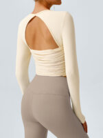Beige Cutout Ruched Long Sleeve Top - Image 5