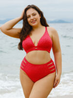 Red Textured V Neck Plus Size Bikini Top - Image 3