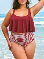 Wine Red Stripe Plus Size Bikini Bottom - Image 3