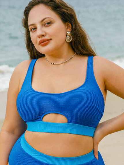Blue Contrast Cut Out Plus Size Bikini Top
