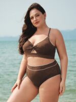 Dark Coffee Textured Cutout Plus Size Bikini Top - Image 4