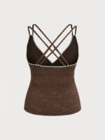 Dark Coffee Lace Ruched V-Neck Plus Size Tankini Top - Image 7