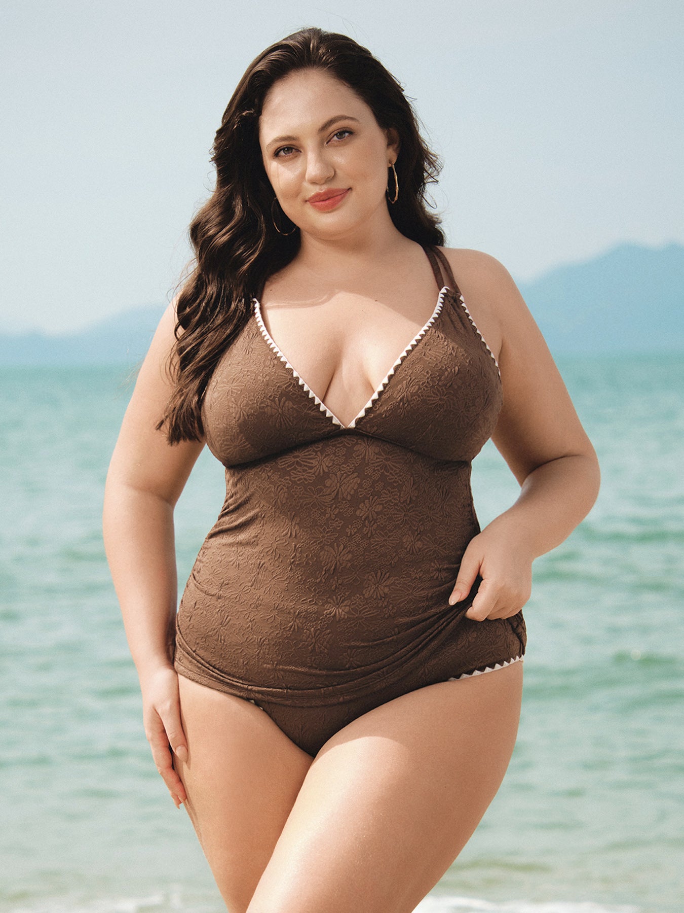women-knitted-polyester-blended-tankini-tops-sustainable-plus_size_tankinis-rablzl Dark Coffee Lace Ruched V-Neck Plus Size Tankini Top - Image 1