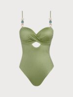 Green Textured X Cross One Piece Swimwear - Image 5