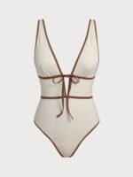 Off White V Neck Tie One-Piece Swimsuit - Image 7