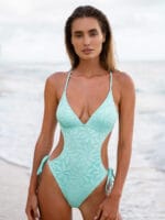 Cyan V Neck Backless One-Piece Swimsuit - Image 4