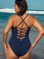 Blue Lurex Ruched Tummy Control Plus Size One Piece - Image 2