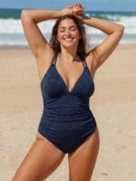Blue Lurex Ruched Tummy Control Plus Size One Piece - Image 4