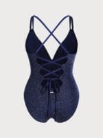 Blue Lurex Ruched Tummy Control Plus Size One Piece - Image 7