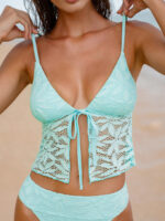Cyan Lace-Trimmed Tankini Top