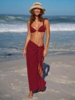 Wine Red Wrap Cover-Up Midi Skirt - Image 3