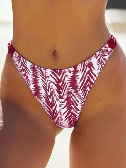 Wine Red Leaf Textured Bikini Bottom