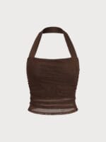 Coffee Halter Neck Ruched Mesh Crop Top - Image 4