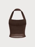Coffee Halter Neck Ruched Mesh Crop Top - Image 6