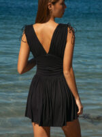 Black V Neck Ruched Beach Dress - Image 2