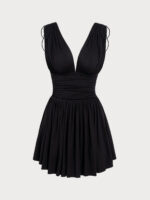 Black V Neck Ruched Beach Dress - Image 6