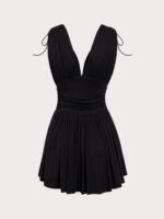 Black V Neck Ruched Beach Dress - Image 7
