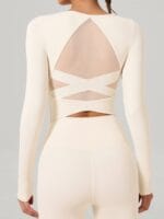 Cream Cross Mesh Back Long Sleeve Top--Light Support