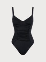 Black V-Neck Ruched Tummy Control One-Piece Swimsuit - Image 7