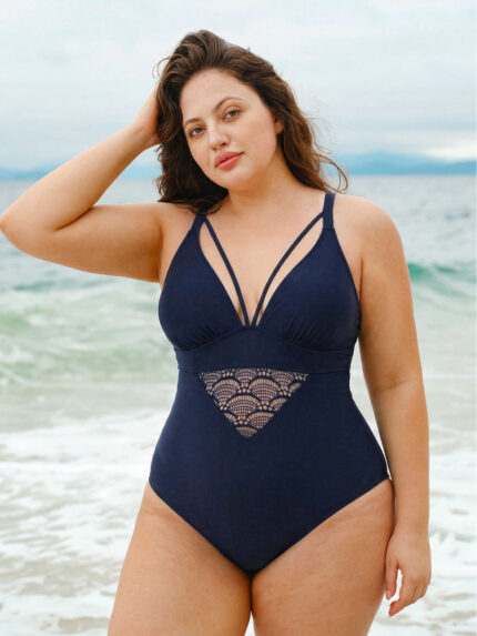 Navy Lace Strappy V-Neck Plus Size One-Piece