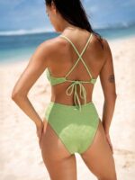Light Green Textured Plunge One-Piece Swimsuit - Image 3