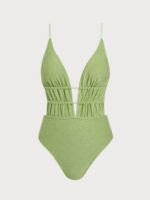 Light Green Textured Plunge One-Piece Swimsuit - Image 5