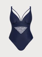Navy Lace Strappy V-Neck Plus Size One-Piece - Image 5