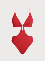 Red Plunge Neck Cutout One-Piece Swimsuit - Image 6