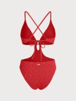 Red Plunge Neck Cutout One-Piece Swimsuit - Image 7