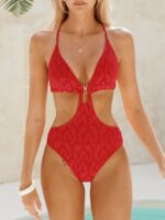 Red Plunge Neck Cutout One-Piece Swimsuit - Image 3