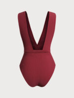 Wine Red Plunge Belted One-Piece Swimsuit - Image 7