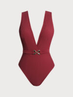 Wine Red Plunge Belted One-Piece Swimsuit - Image 6