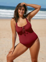 Wine Red Cutout Tie Plus Size One-Piece Swimsuit - Image 5