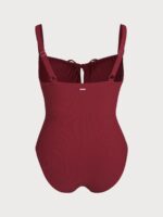 Wine Red Cutout Tie Plus Size One-Piece Swimsuit - Image 7