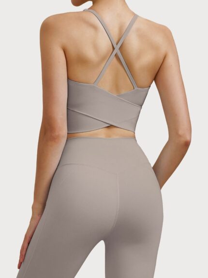 Apricot V Neck X-Cross Sports Bra - Medium Support