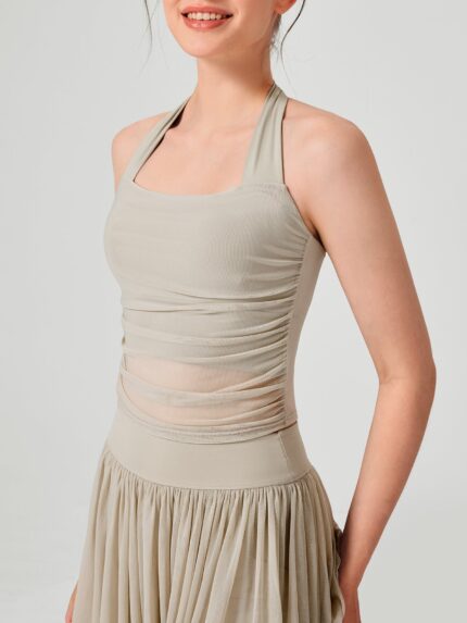 Apricot Halter Neck Ruched Mesh Crop Top