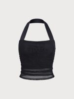 Black Halter Neck Ruched Mesh Crop Top - Image 10