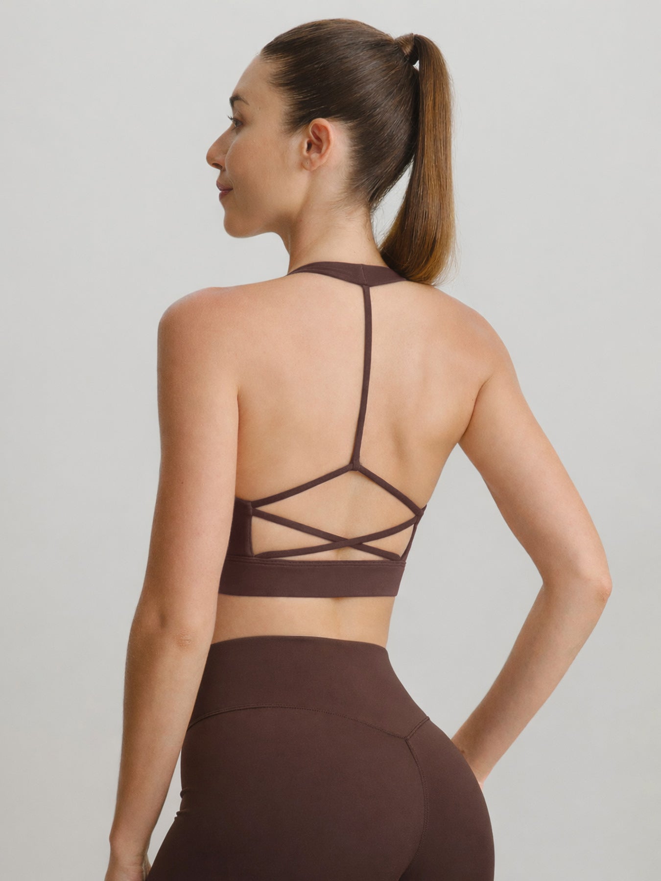 women_s-knitted-nylon-sports-bra-brown-sustainable-yoga_tops-vds48p Brown Mesh X Cross Sports Bra - Light Support - Image 1