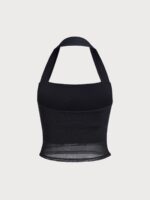 Black Halter Neck Ruched Mesh Crop Top - Image 12