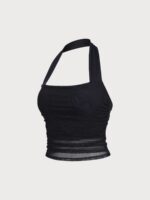 Black Halter Neck Ruched Mesh Crop Top - Image 11
