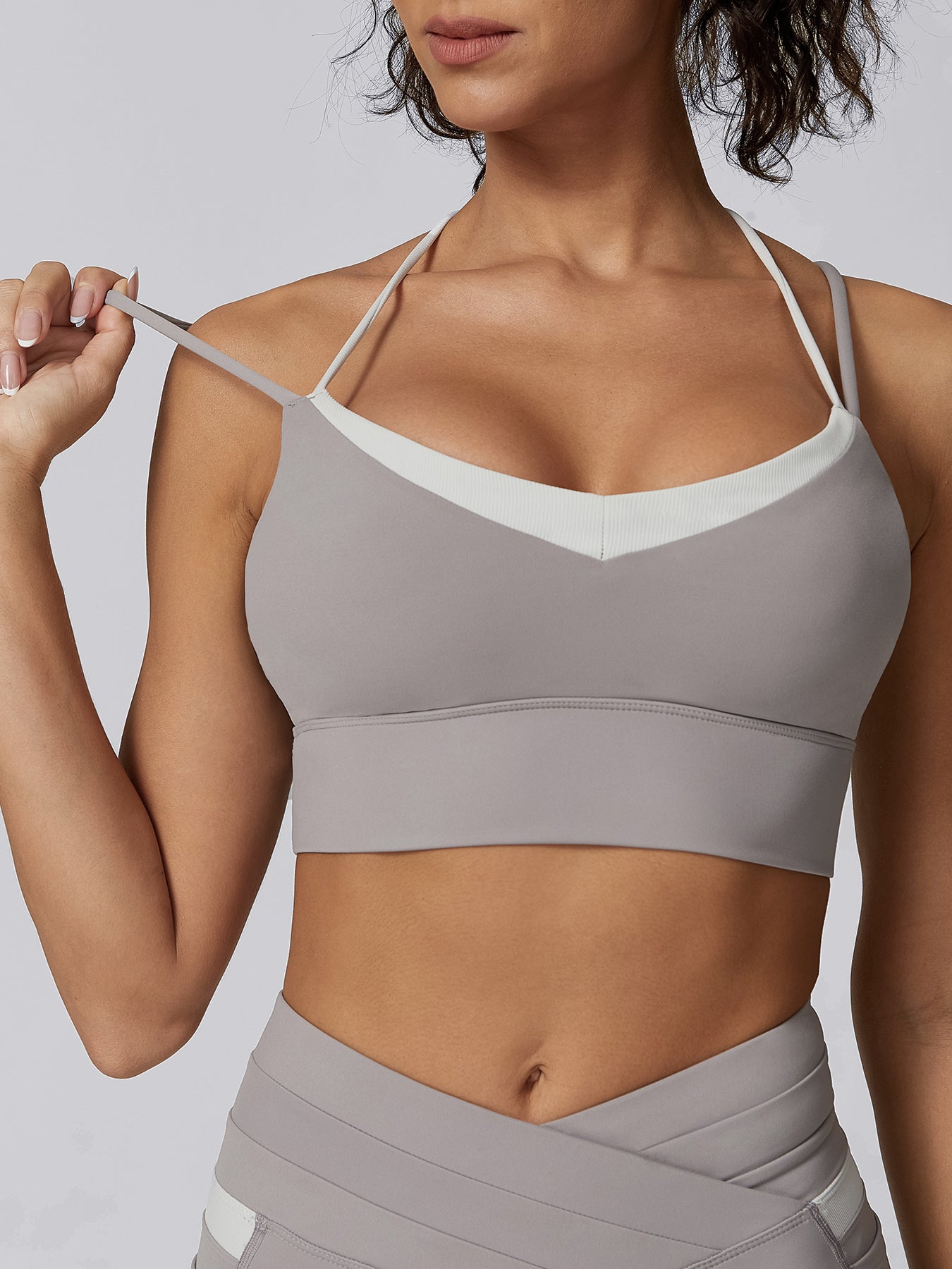 women_s-knitted-nylon-sports-bra-sustainable-yoga_tops-suko5b Grey Contrast X Cross Sports Bra - Light Support - Image 1