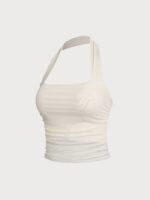 Cream Halter Neck Ruched Mesh Crop Top - Image 10