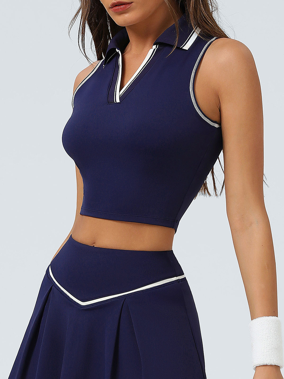 women_s-knitted-nylon-sports-tank-tops-sustainable-yoga_tops-qx9zgv Navy V-Line Collar Tank Top - Light Support - Image 1