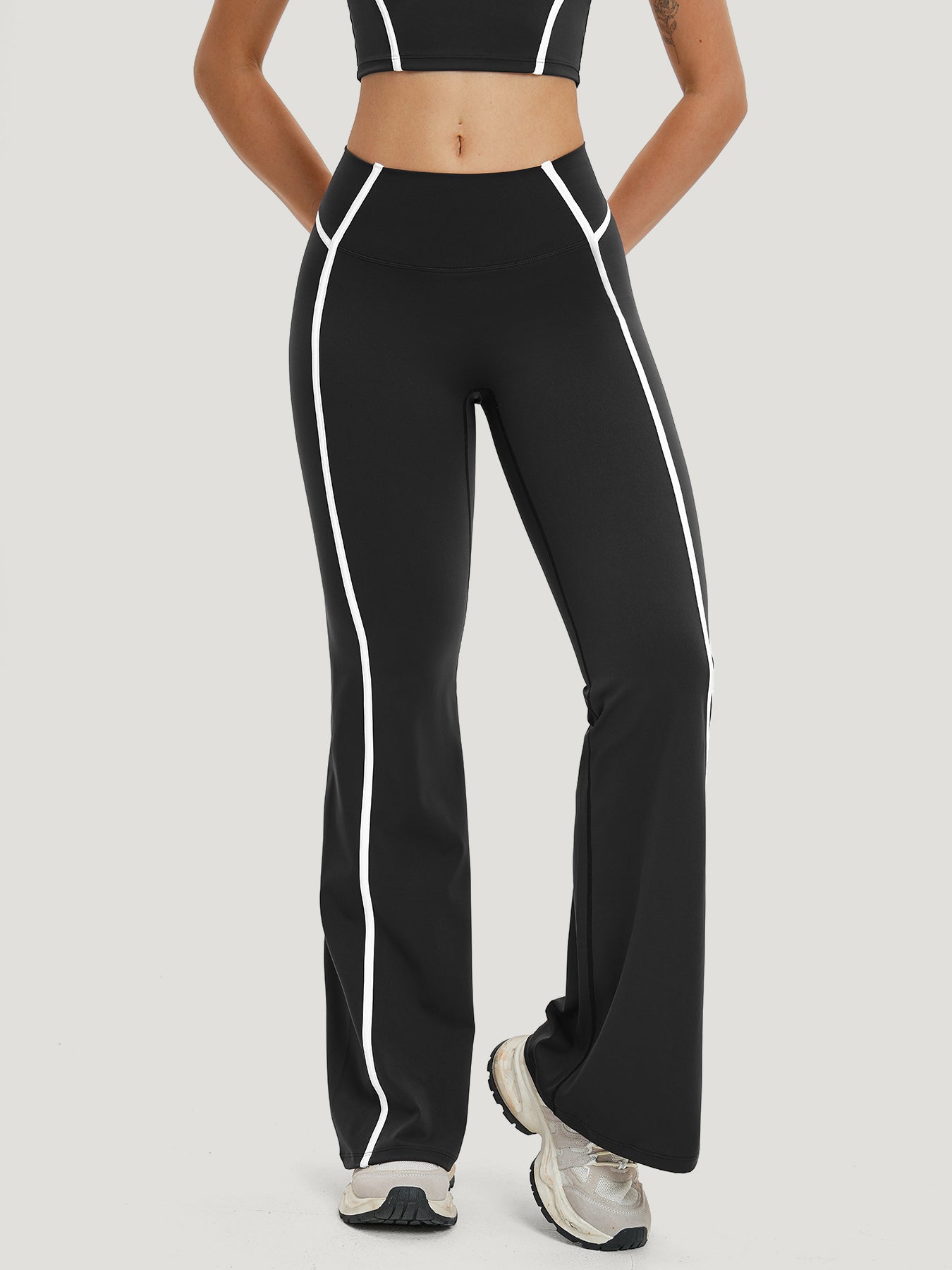 women_s-knitted-nylon-yoga-leggings-sustainable-yoga_bottoms-k8qima Black Contrast High Waisted Leggings 31" - Image 1